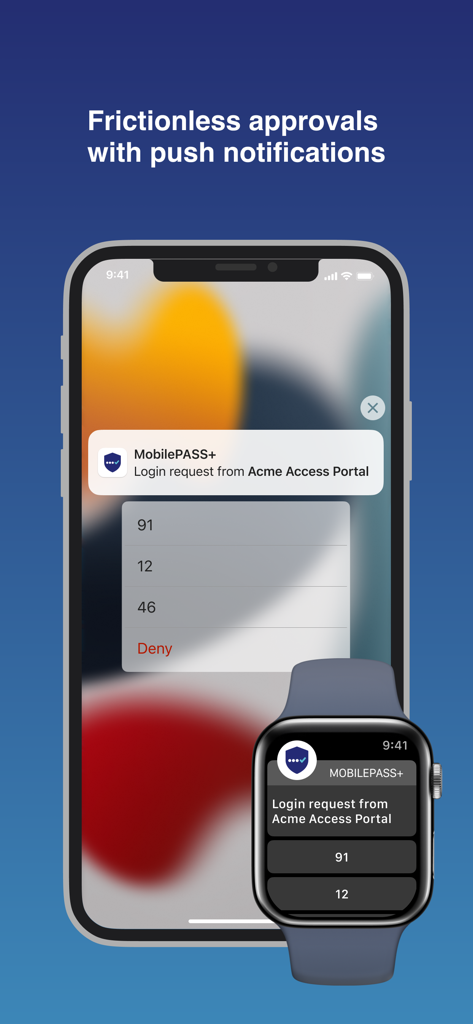 SafeNet MobilePASS+ - SafeNet MobilePASS plus login request on iPhone and Apple Watch showing push notification approvals
