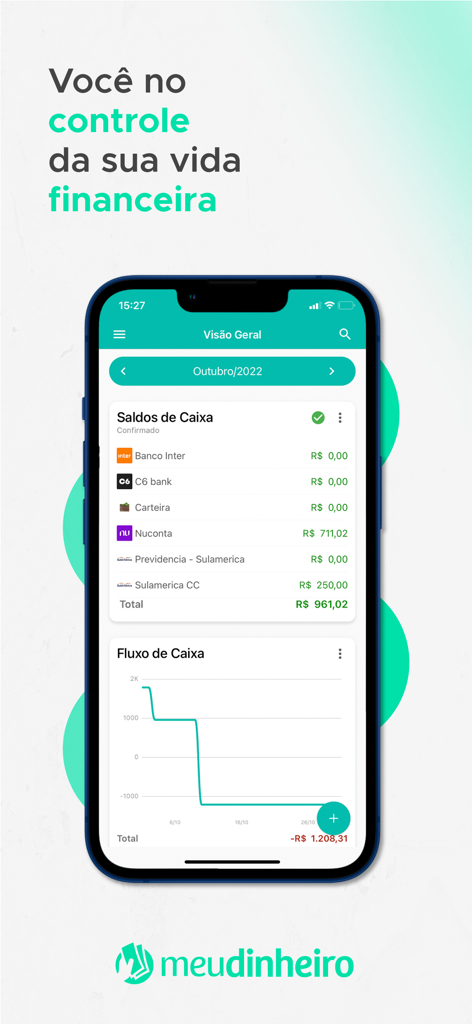 Panel financiero de la aplicación Meu Dinheiro mostrando saldos de cuentas y gráfico de flujo de caja