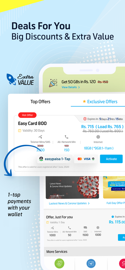 My Telenor - Screenshot of My Telenor app showing exclusive mobile deals and one-tap payment options with a digital wallet