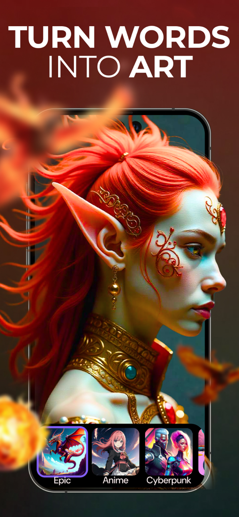 Dream Art app interface displaying a high quality AI generated fantasy elf and various art style categories