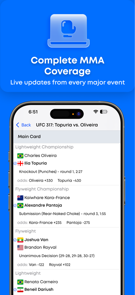 Pantalla de smartphone mostrando resultados de peleas de MMA UFC 317 y cuotas de apuestas en la aplicación Alertas Deportivas