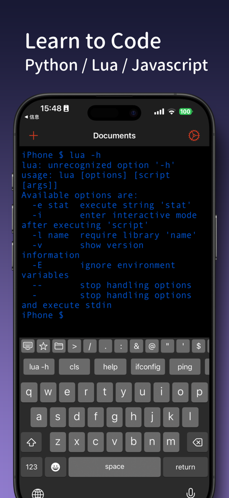 OpenTerm mobile terminal interface showing Lua command output and coding keyboard