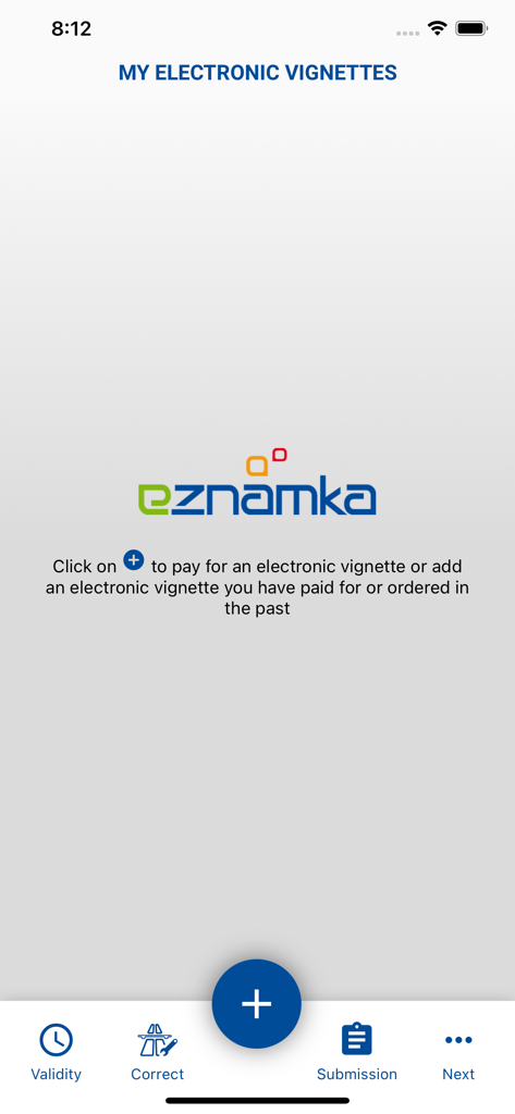 O ecrã principal "As minhas vinhetas eletrónicas" da aplicação eznamka, mostrando um aviso para adicionar ou comprar uma vinheta