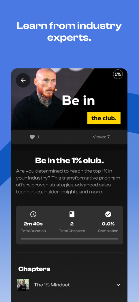 Inner Circle app screen showing a course titled Be in the 1 percent club with sections for chapters and duration.