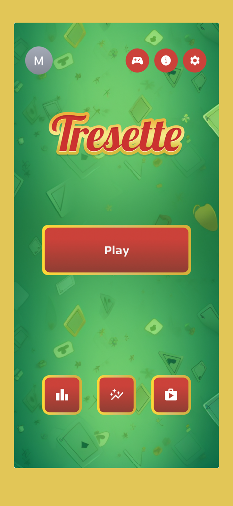 Tressette Classico Italiano - Menu principale dell'app Tressette Classico Italiano con un grande pulsante rosso 'Gioca' e icone del menu di gioco.