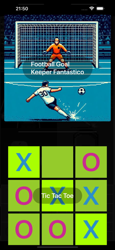 20 Mini Games: Watch & Phone - Screenshot showing Football Goal Keeper Fantastico and Tic Tac Toe mini games in pixel art style