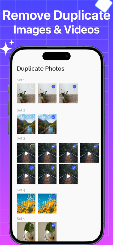 Phone Storage - Junk Removal - iPhone app interface showing groups of duplicate photos and videos selected for removal to free up space