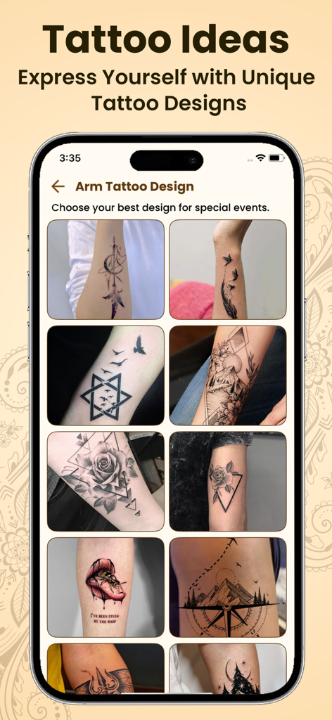 A collection of unique arm tattoo designs displayed within the Bridal Mehndi Design app