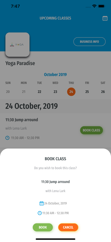 StudioBookings - Interface of the StudioBookings app showing a confirmation popup to book a yoga class at Yoga Paradise studio.