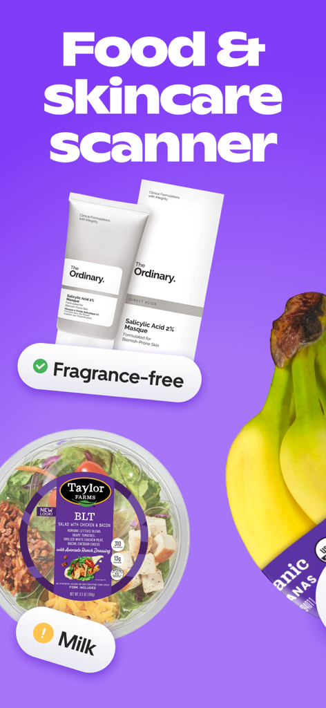 Label AI: Food & Cosmetic Scan - Label AI mobile app showing food and skincare scanning for ingredient alerts like milk and fragrance-free