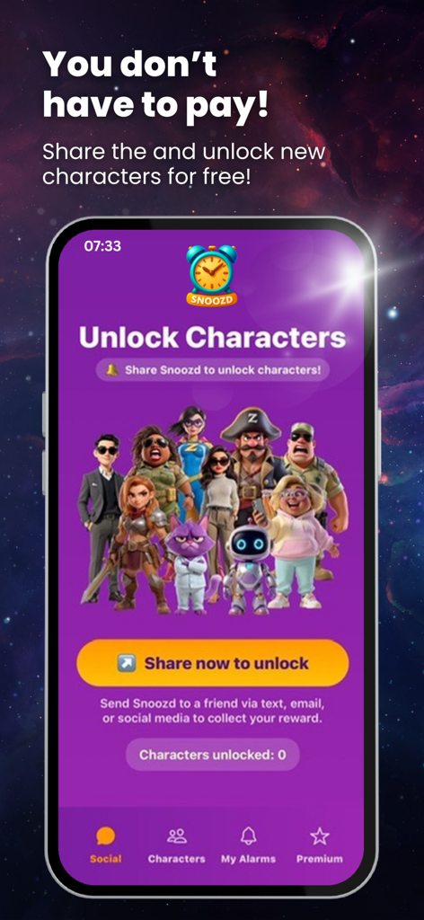 Schermata di Snoozd Alarm Clock che mostra come sbloccare nuovi personaggi AI gratuitamente condividendo l'app.