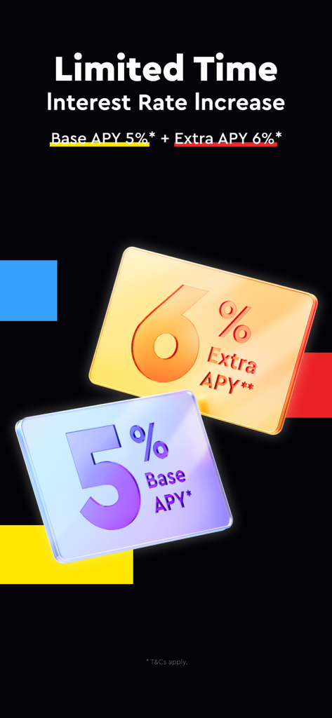 Longbridge app promotional screen showing a limited time interest rate increase with 5 percent base and 6 percent extra APY.