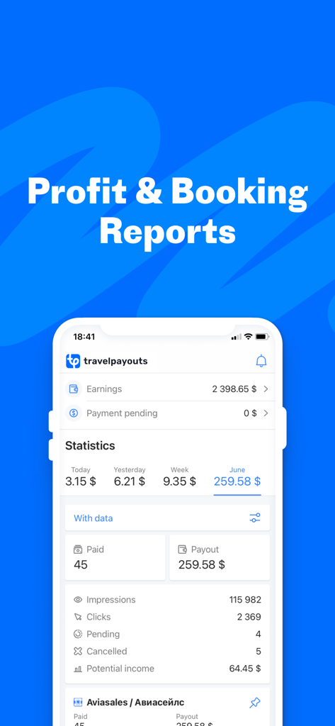 Travelpayouts - Travelpayouts mobile app profit and booking reports dashboard