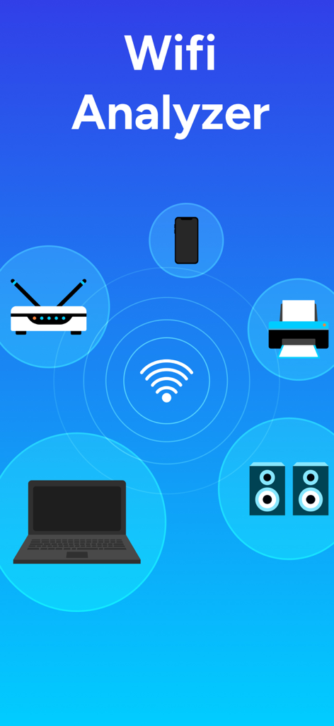 Wifi Analyzer app interface showing a network map with a laptop, smartphone, printer, and speakers connected to a central WiFi signal