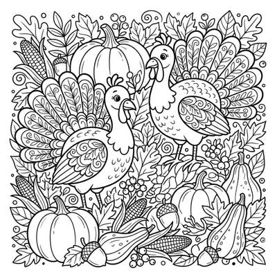 Celebrate the harvest season with this beautifully intricate coloring page featuring two charming Thanksgiving turkeys. Surrounded by a festive array of pumpkins, gourds, and fall foliage, it offers a delightful and engaging challenge perfect for teens.