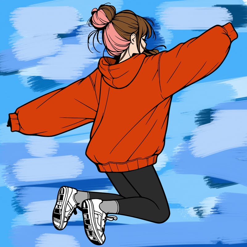 realistic girl jumping with a bun and oversized sweatshirt