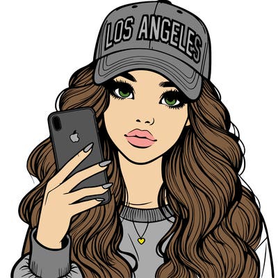 realistic beautiful girl wearing los ángeles cap holding an iphone