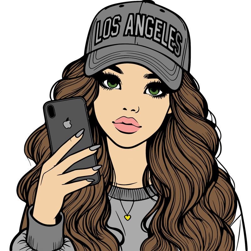 realistic beautiful girl wearing los ángeles cap holding an iphone
