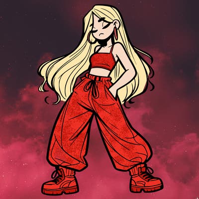 girl in baggy pants crop top and long hair