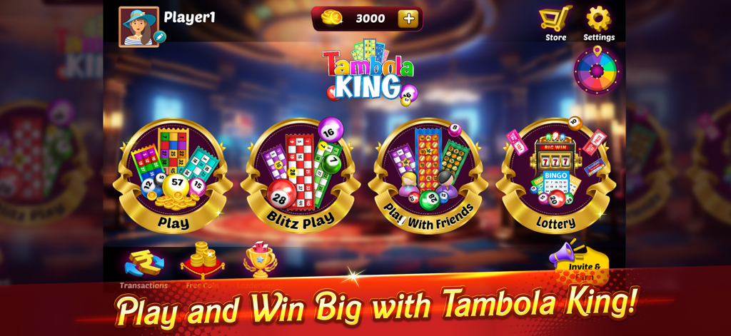 Pantalla del menú principal de Tambola King mostrando modos de juego como Jugar, Jugar Rápido y Jugar con Amigos