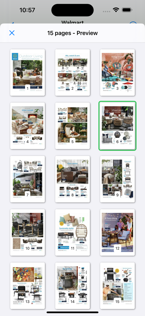 All Flyers (Canada) - A preview grid showing fifteen pages of a Walmart outdoor living flyer within the app