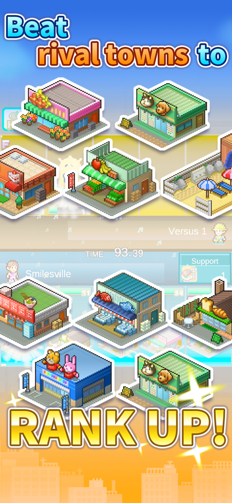 Dream Town Story - Una colección de coloridos edificios de arte pixelado en Dream Town Story con texto que dice: supera a los pueblos rivales para ascender en el ranking
