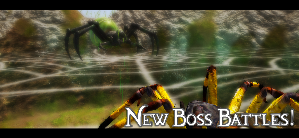 Ultimate Spider Simulator 2 - A giant green boss spider facing the player spider on a large web in a nature simulator game