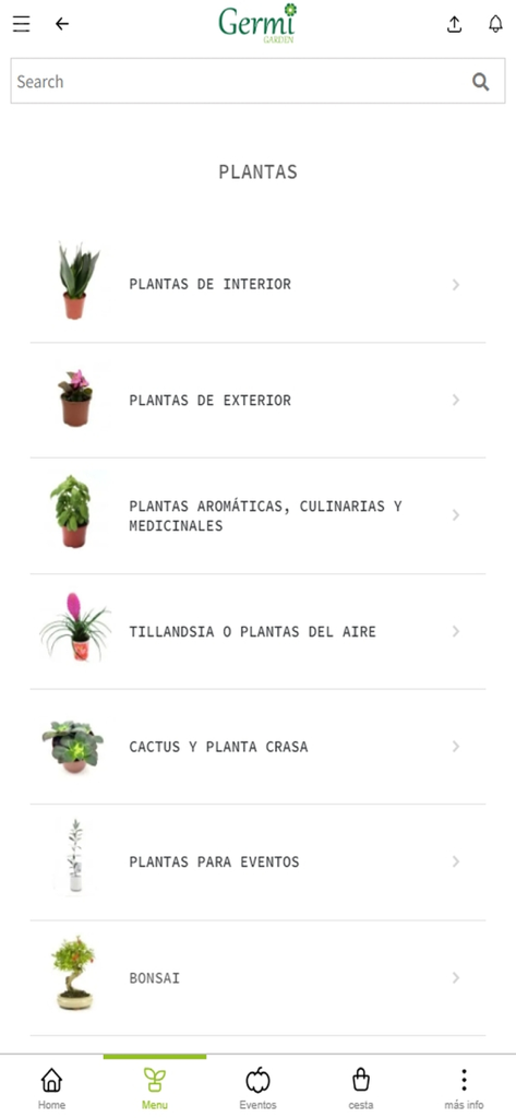 Germigarden - Germigarden app menu showing categories for indoor plants, outdoor plants, aromatic herbs, air plants, cacti, and bonsai.