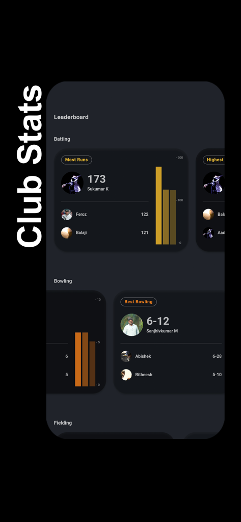 Stumps - The Cricket Scorer - Leaderboard interface of the Stumps cricket app displaying club statistics for top batters and bowlers.