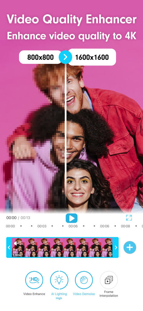 Vergleich, der ein unscharfes Video mit niedriger Auflösung zeigt, das mit YouCam Video KI-Verbesserung in ein klares Video mit hoher Auflösung umgewandelt wurde