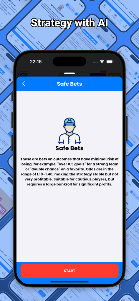Oberfläche der KI-Wett-Tipps App, die die Safe Bets Strategie für risikoarme Fußballwetten zeigt