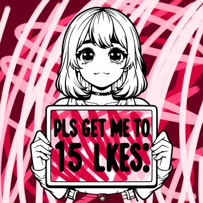 realistic girl holding up a sign that says “pls get me to 15 likes!”