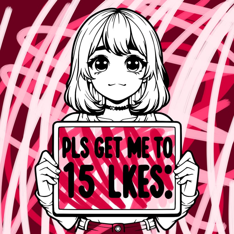 realistic girl holding up a sign that says “pls get me to 15 likes!”