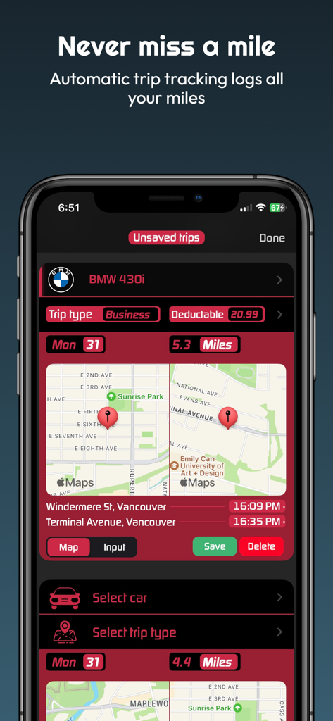 Autolog: Car app - Autolog app interface displaying automatic trip tracking for a business vehicle with map and mileage details