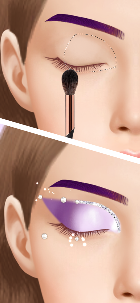 Makeover Artist: Makeup games - Before and after comparison of creative purple eyeshadow application with glitter and pearls.