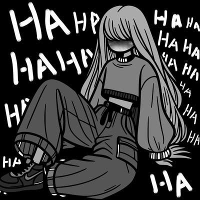 a girl with baggy pants and a crop top with long hair