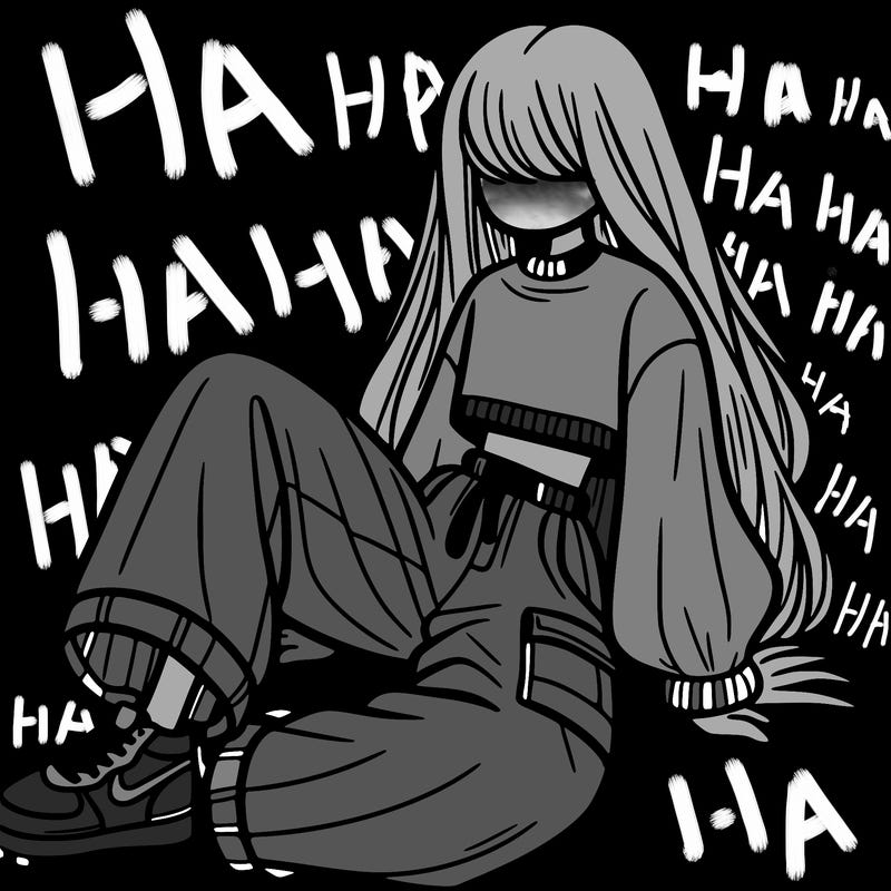 a girl with baggy pants and a crop top with long hair