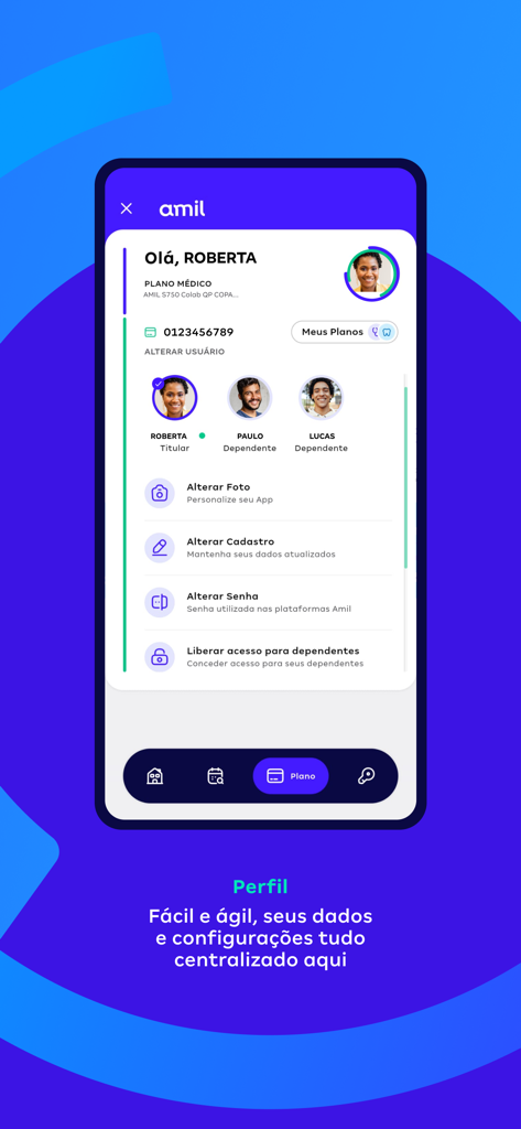 Interface of the Amil Clientes app profile screen showing account settings and family dependent management.