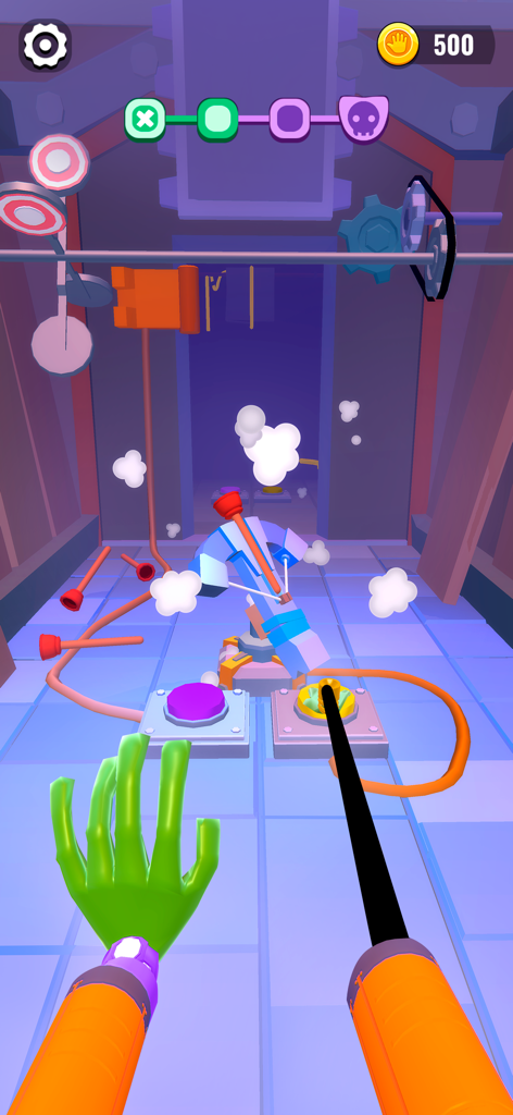 First person view of green and orange mechanical hands interacting with buttons in a puzzle level