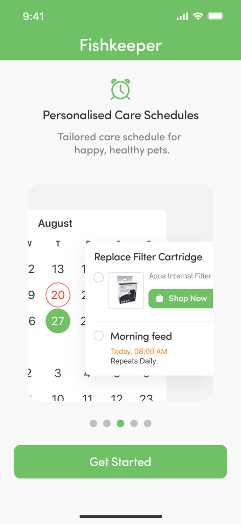 Fishkeeper - Interfaz de la aplicación Fishkeeper que muestra un horario de cuidado personalizado con un calendario y tareas de mantenimiento del acuario como reemplazar filtros.