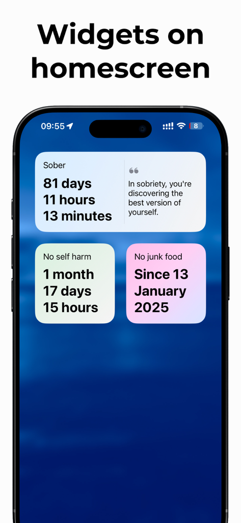 Sober - Try Dry February - iPhone home screen displaying sobriety and habit tracker widgets for alcohol self harm and junk food