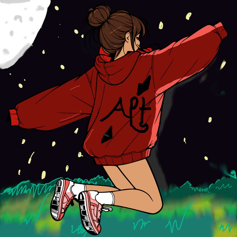 realistic girl jumping with a bun and oversized sweatshirt
