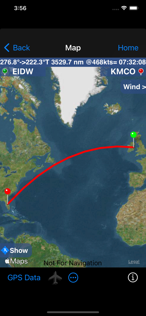 FlyBy E6B app map interface showing a flight route from Dublin to Orlando with distance and time details