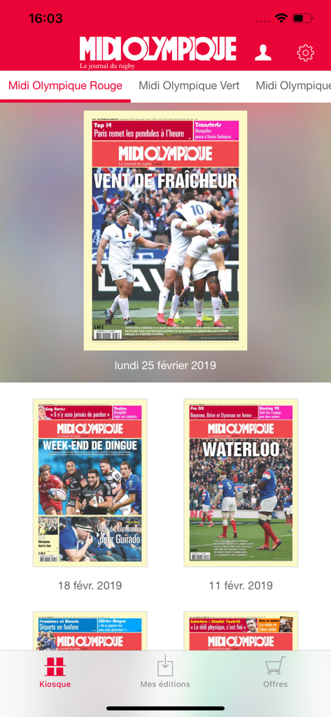 Midi Olympique rugby app digital kiosk showing newspaper editions.