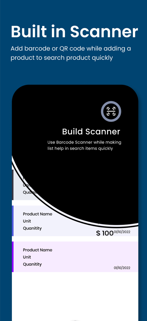 Built-in barcode and QR scanner feature in the Price List Maker app for quick product management