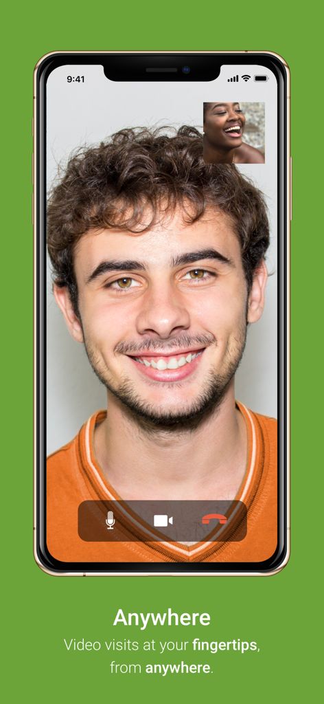 Interface of the GettingOut Visits app showing a mobile video call between a man and a woman