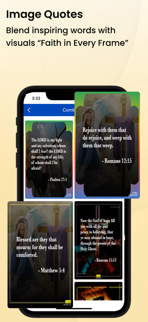 French Bible - La Bible - A smartphone screen displaying the image quotes feature with biblical verses on decorative backgrounds.
