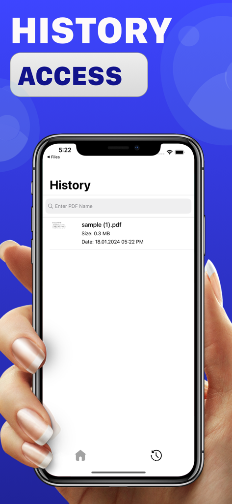 アプリケーション内の圧縮済みPDFファイルの履歴リストが表示されているiPhone