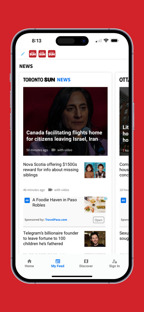 Toronto Sun mobile app news feed screen with local and international headlines