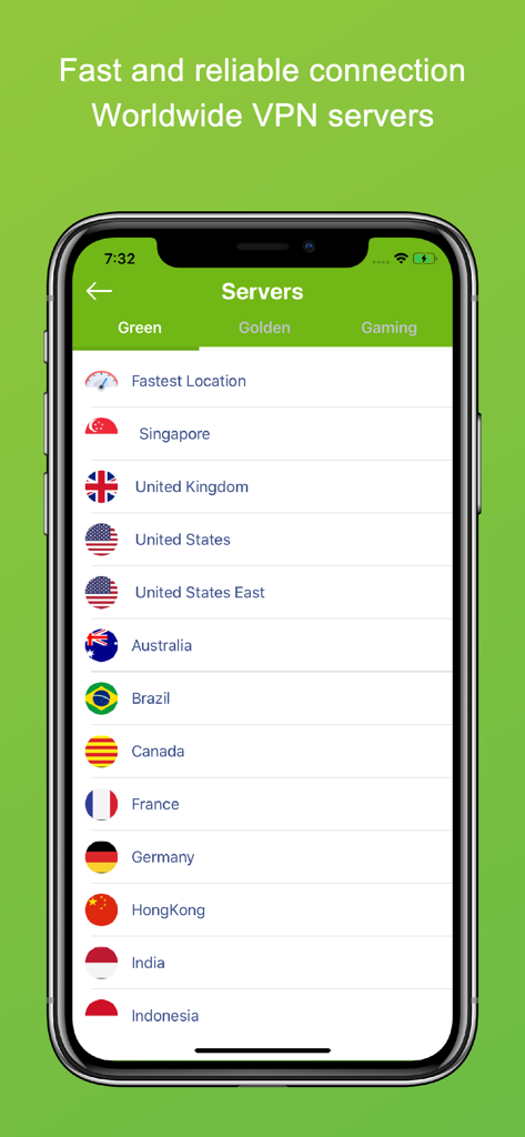 Interface de servidores mundiais do Kiwi VPN Ultimate mostrando uma lista de servidores mundiais incluindo EUA, Reino Unido e Singapura para conexões rápidas